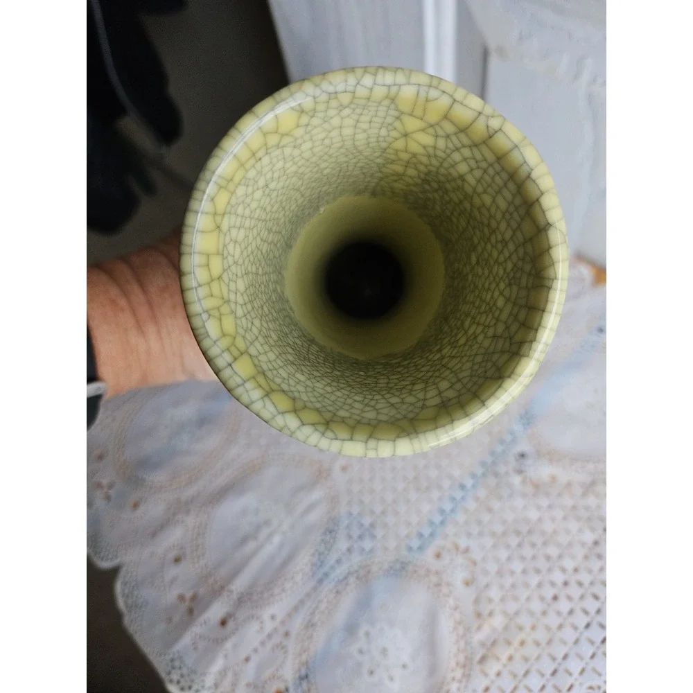 Crackle yellow/gray,  bubble on bottle with pedestal, with long neck Vase.